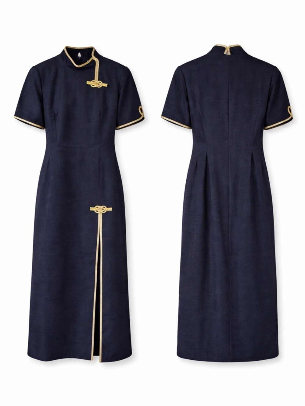 Women’s Navy Blue Dress with Gold Trim - Elegant Short Sleeve Cheongsam Style